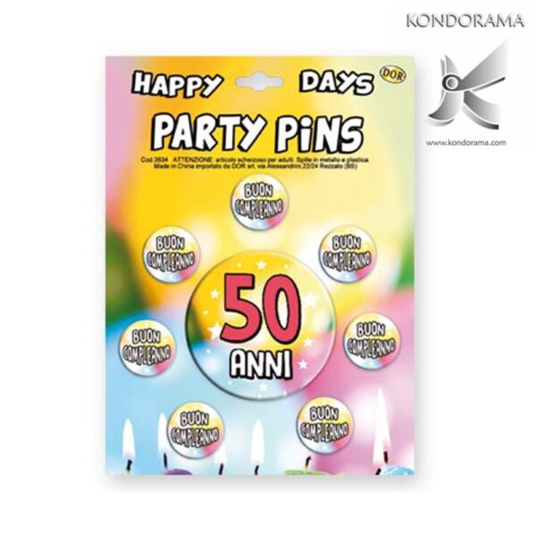 3634-05 SET SPILLE "PARTY PINS" 50 ANNI COMPLEANNO