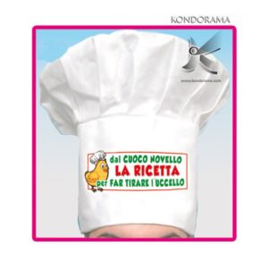 3376-1 CAPPELLO BIANCO DA CUOCO CON SCRITTA “DAL CUOCO NOVELLO LA RICETTA PER FAR TIRARE L’UCCELLO”