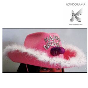 5786-1 CAPPELLO BIANCO E ROSA COW-GIRL CON SCRITTA GLITTER ARGENTO “HAPPY BIRTHDAY” COMPLEANNO GENERICO