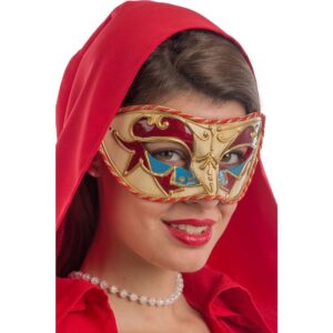 01325-1 MASCHERA VENEZIANA IN PLASTICA C/DECORAZIONI ROSSE E AZZURRE C/PASSAMANERIA