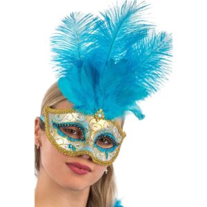 01337-1 MASCHERA IN PLASTICA C/GLITTER AZZURRI E ORO, GEMMA E PIUME