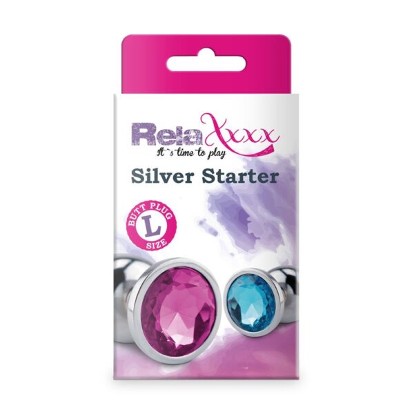 RELAXXXX SILVER STARTER PLUG ANALE ANALPLUG STIMOLATORE IN METALLO CON GIOIELLO AZZURRO TG L